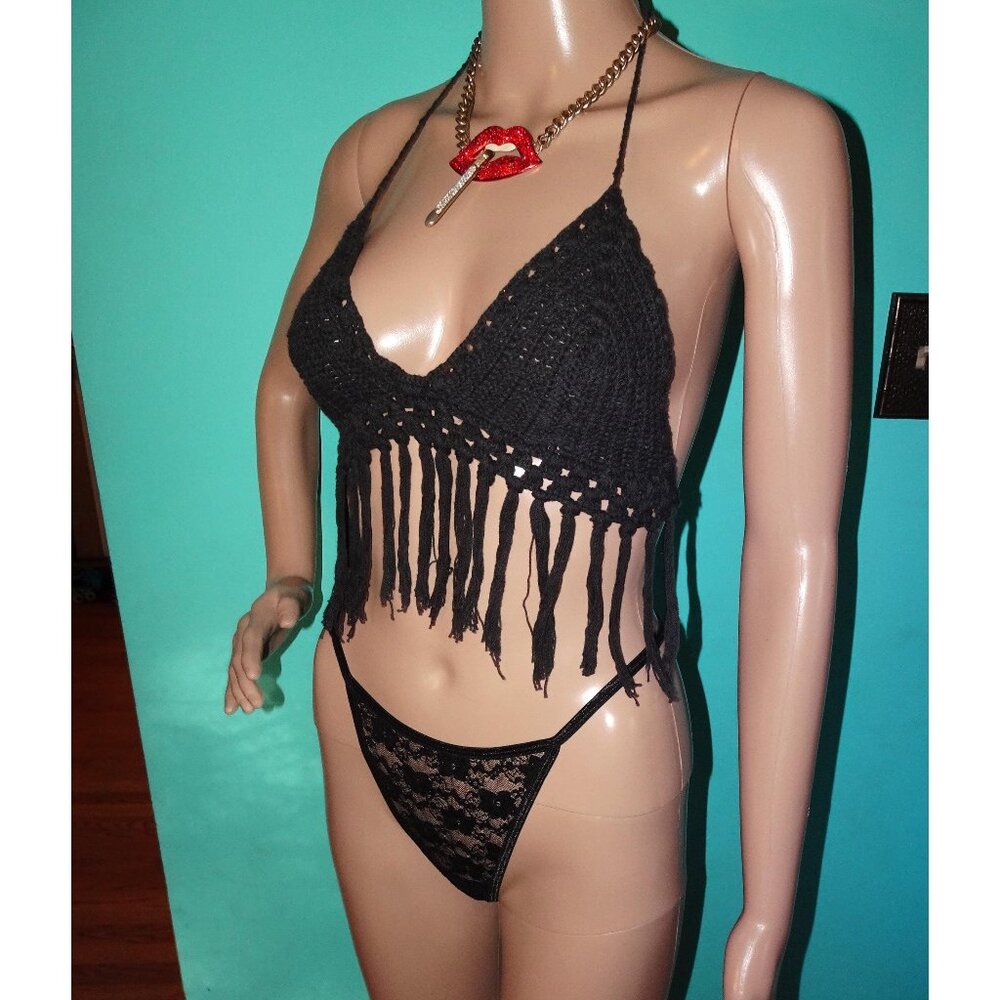 Vintage Black Crochet Triangle Bra Top w/ Fringe A to C cup boho festival goth